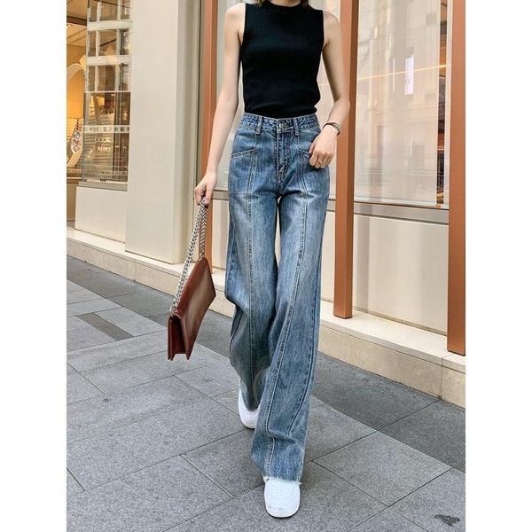 

stitching wide leg jeans women's new 2021 spring and autumn high waist feeling thin and versatile straight pants, Blue