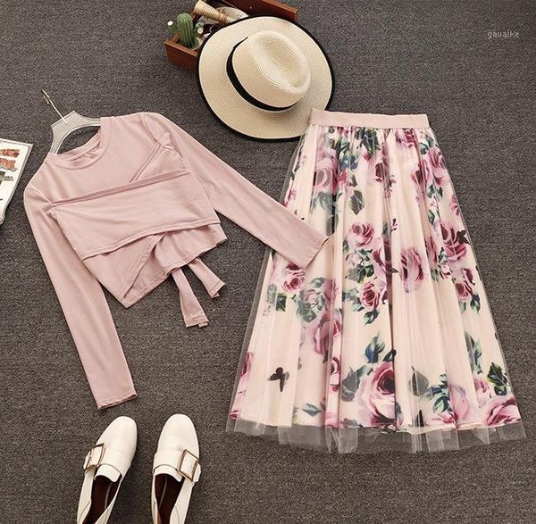 

amolapha women long sleeve t shirt +mesh floral printed skirts sets short style solid t-shirts elegant skirt suits for woman1, White