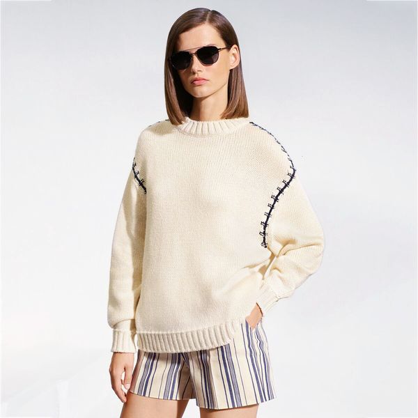 

2021 new patchwork beige sweater women clothes autumn winter long sleeve round neck knitted pullover casual vintage sweaters 7t0f, Black