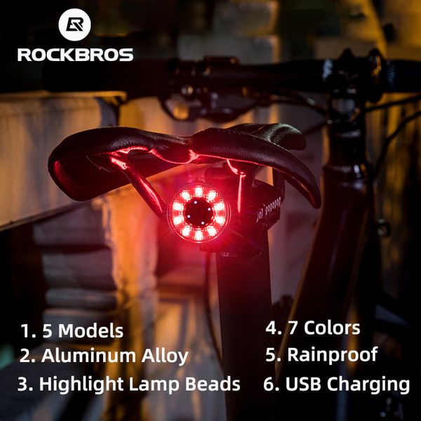 

rockbros tail bicycle auto sensing brake cycling usb charging waterproof rear light 7 color bike accessories q1