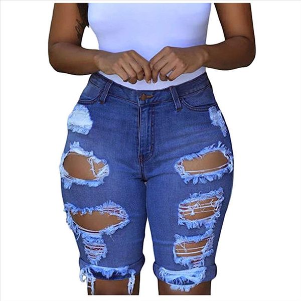 

2020 new women summer streetwear chain hollow out blue high waist knee length pants light denim jeans skinny short pants 3