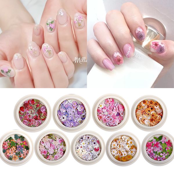 

nail art flower animal wood pulp simulation 3d color mixed dried flowers small daisy diy nail decorations, Silver;gold