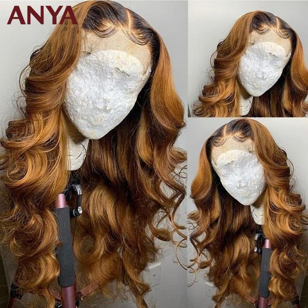 

lace wigs anya honey blonde black root front wig pre plucked body wave human hair hd 30inch brizilian for women, Black;brown