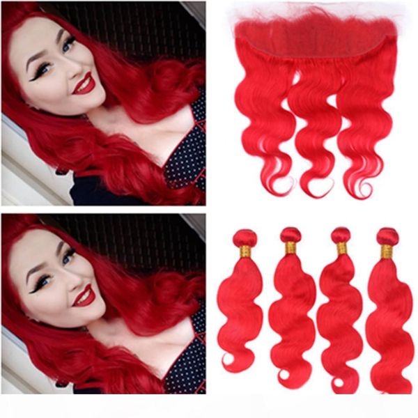 

red colored body wave malaysian virgin hair weave wefts with frontal 4bundles bright red wavy human hair with 13x4 lace frontal closure, Black;brown