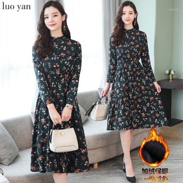 

2020 vintage plus velvet midi dresses autumn winter 2xl plus size print long sleeve dress elegant women bodycon party vestidos1, Black;gray