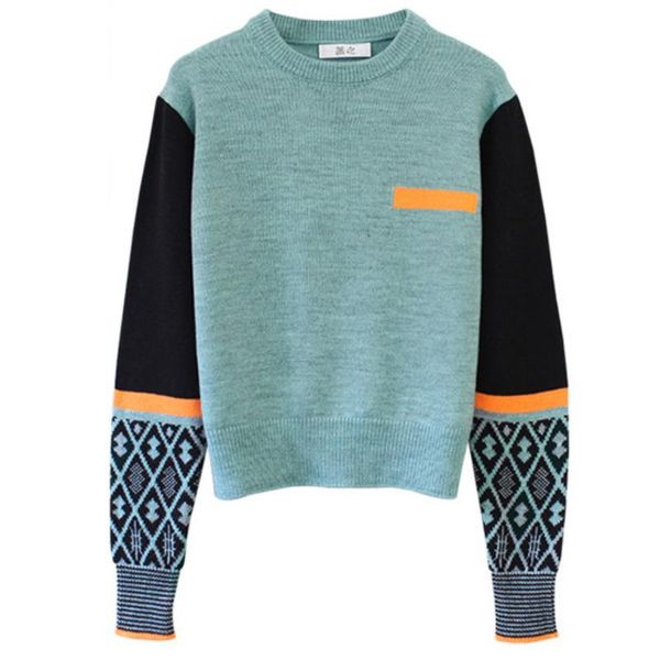 

ewq] 2021 winter women new gentle casual round neck loose soft minimalist panelled long sleeve pullover knitting sweater 8q755, White;black