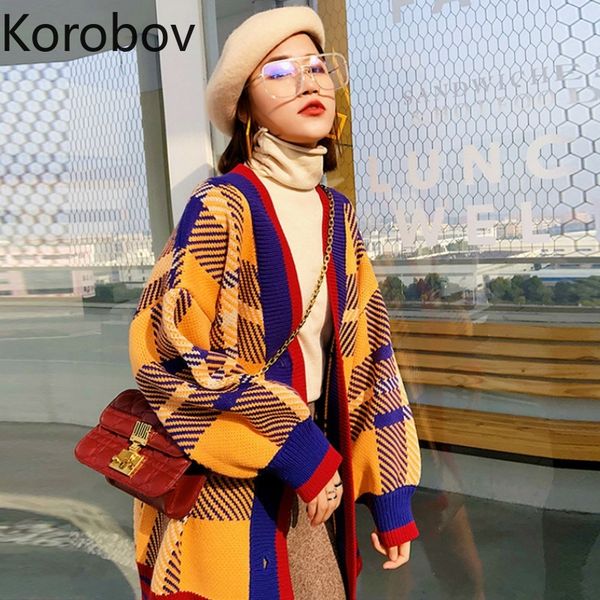 

korobov korean oversize women cardigan v neck long sleeve single breasted sweater vintage plaid hit color patchwork jumper 78261 201202, White;black
