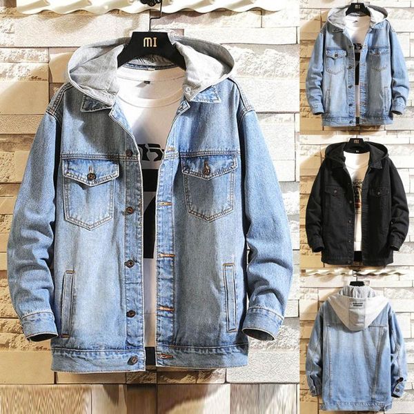 

men casual patchwork denim hooded jacket autumn&winter jacket hoodies long sleeve solid sweatshirt outwear coat clothing, Black;brown