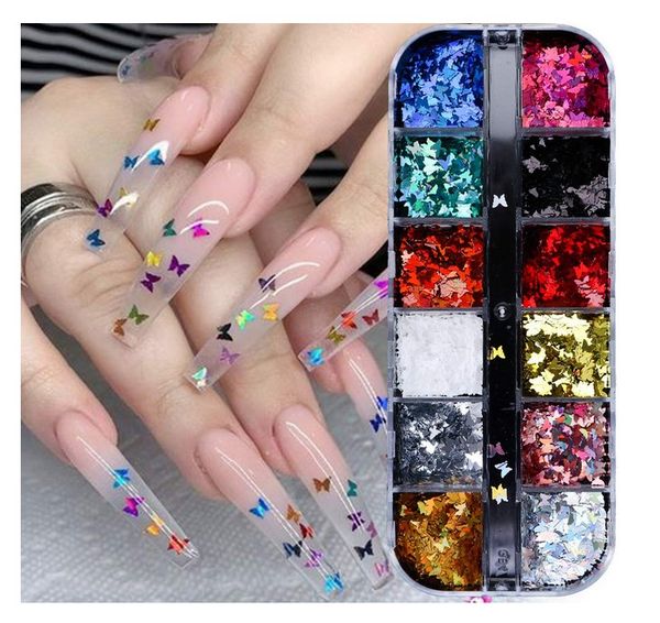 

3d butterfly nail glitter sequins laser butterfly nail art supplies 12 colors holographic nail sequin butterfly nails supply design colorful, Silver;gold