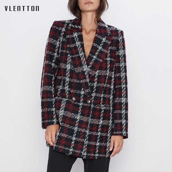 

autumn winter vintage plaid tweed long blazer jacket coat women double breasted office ladies outwear female blazers fenimino1, White;black