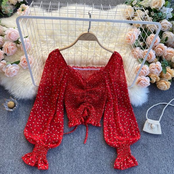 

2021 new female elastic singiny ruched spring turtleneck square puff short floral chiffon imprint cord wx3n, White