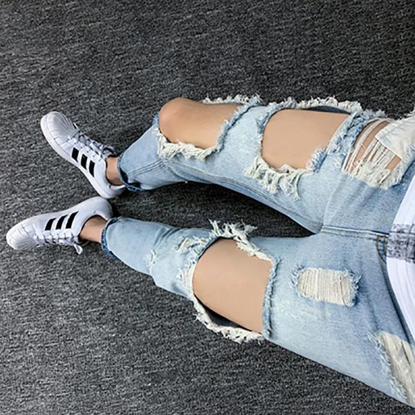 

summer big hole big size jeans male nine points jeans male trend korean version scraped 9 points broken pants ripped, Blue