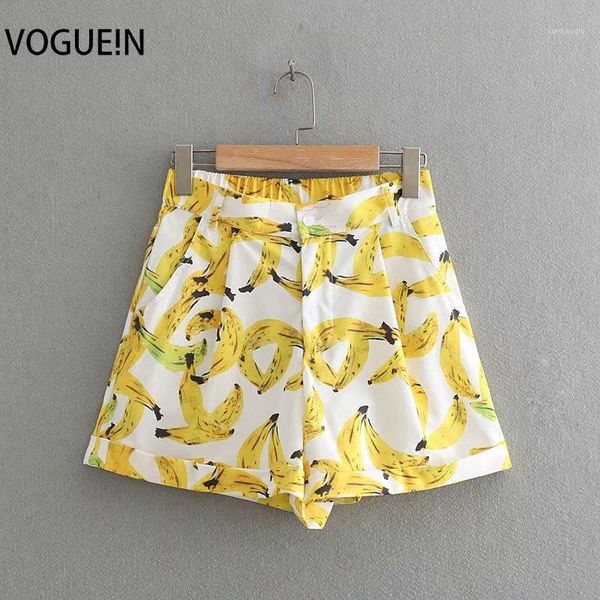

voguein new womens casual yellow banana print elastic waist zipper short pants shorts wholesale1, White;black
