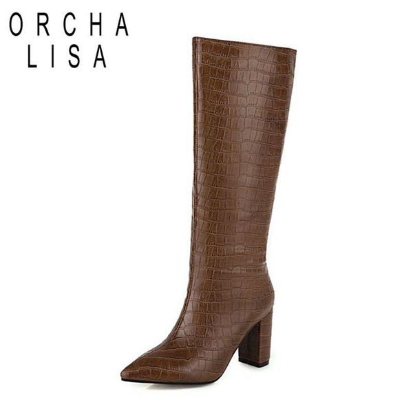 

orcha lisa women's winter boots slip on 8.5cm block heel leather knee boots warm fur booties black brown botas mujer size 16 17