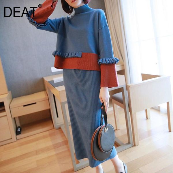 

deat] 2020 mature elegant 2 piece set women turtleneck collar full sleeve ruffles patchwork panelled elastic waist skirt a128, Gray