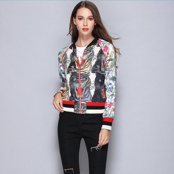 

взлетно-посадочная полоса дизайн куртки женские 2019 осенние мультфильм тигры печать sequined пальто женщин вскользь верхняя одежда куртки у, Black