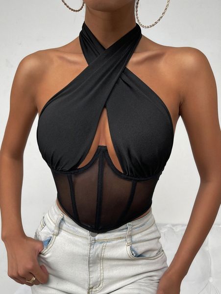 

sheer mesh cutout tied backless u9xd#, White