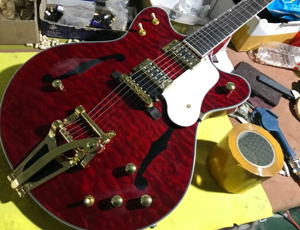 

quilted maple red jazz electric guitar gold hardware,large rocker