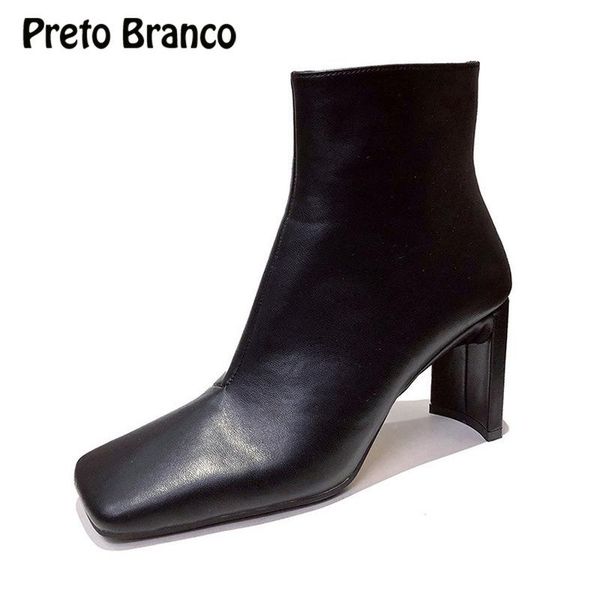 

прету бранко женская обувь 20 autumn new square head строчка western style sexy толстый каблук молнии ботильоны -3306-2, Black