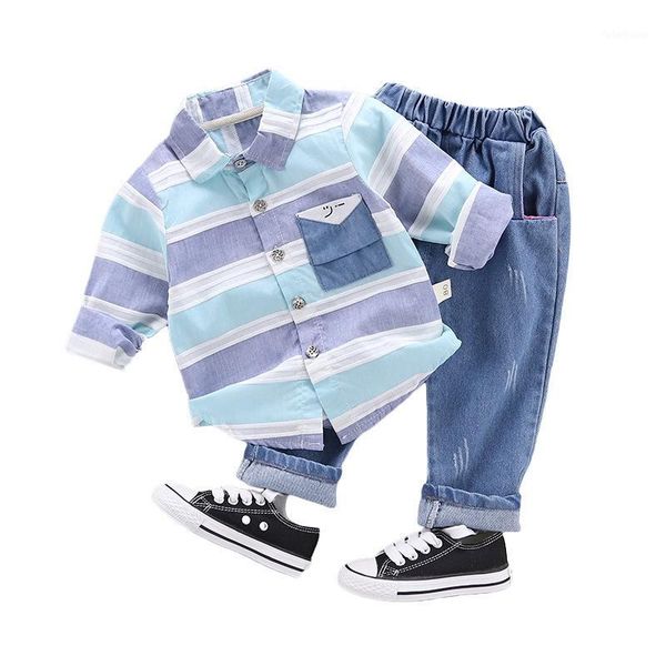 

2020 new spring autumn kid fashion clothes baby boys striped lapel shirt jeans pants 2pcs/sets children infant casual sportswear1, White