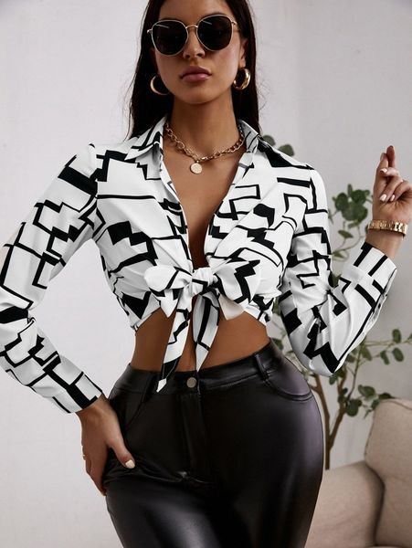 

sxy geo print tie front crop 54ml#, White