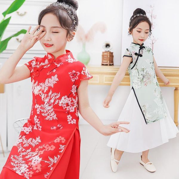 

girls princess dress 2020 summer mesh embroidery cheongsam kids dresses children clothes kids costume 12 13 years girls costume1, Red;yellow