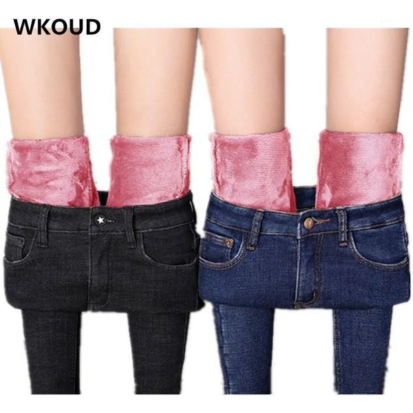 

women's jeans wkoud pink fleeces female korean style skinny denim pencil pants winter warm trousers solid washed thickening p1171, Blue