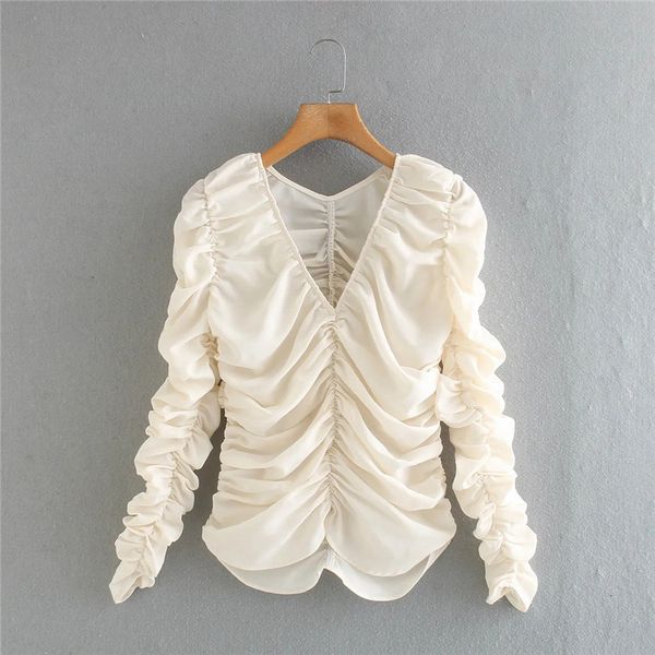 

2021 new women semi-sheer v-neck long sleeve woman vintage elastic ruched elegant blouse fashion slim ladies qdin, White