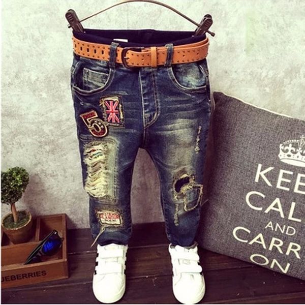 

new spring and autumn children's denim pants baby boys jeans cartoon holes kids pants boy denim long jean trousers y200409, Blue