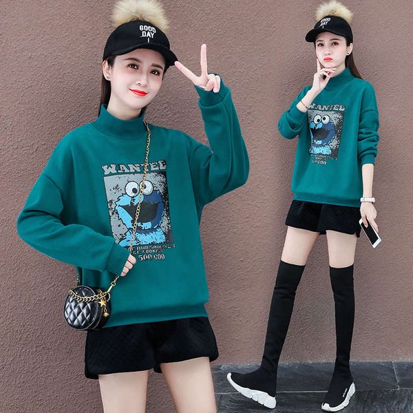 

thickened plush half high collar short sweater for women autumn and winter 2020 new korean version loose foreign style bottom coat trend, Black