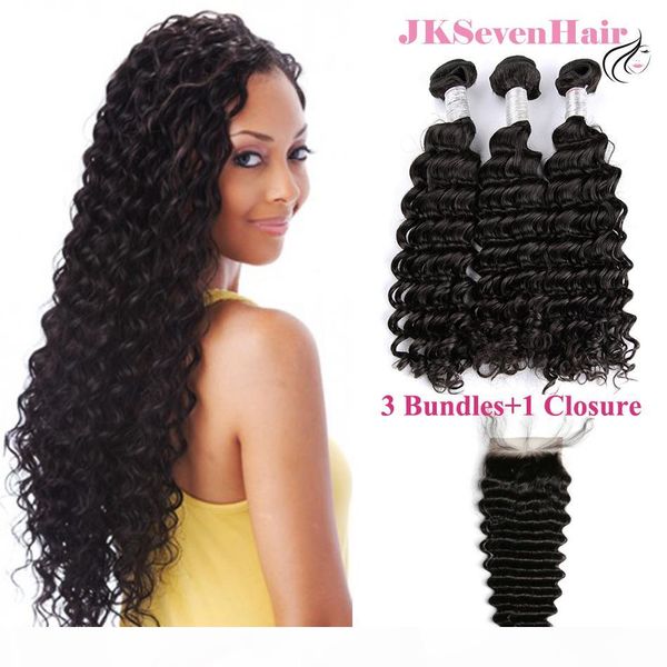 

brazilian human hair bundles 3pcs with 4x4inch lace closure 12a grade deep wave malaysian peruvian indian virgin hair wefts, Black