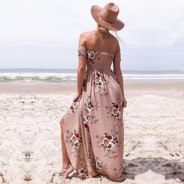 

beach dress women bohemia print floral chiffon playa sleeveless out of shoulder long dresses big size sundress1, Black;gray