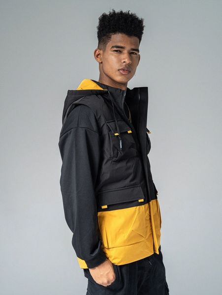 

men two tone flap pocket drawstring hooded winter coat 88mt#, Black;brown