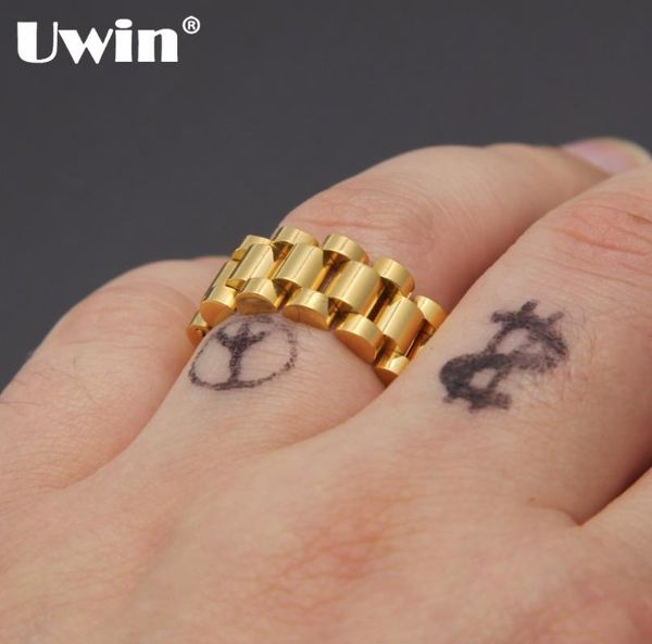 

uwin size 8-12 hip hop band ring men's stainless steel gold color watchband link style ring, Golden;silver