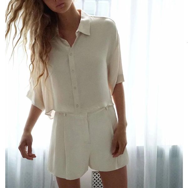 

new summer suits women two piece set flowing satin soft short shirt & glossy bermuda shorts loose wide leg, Gray