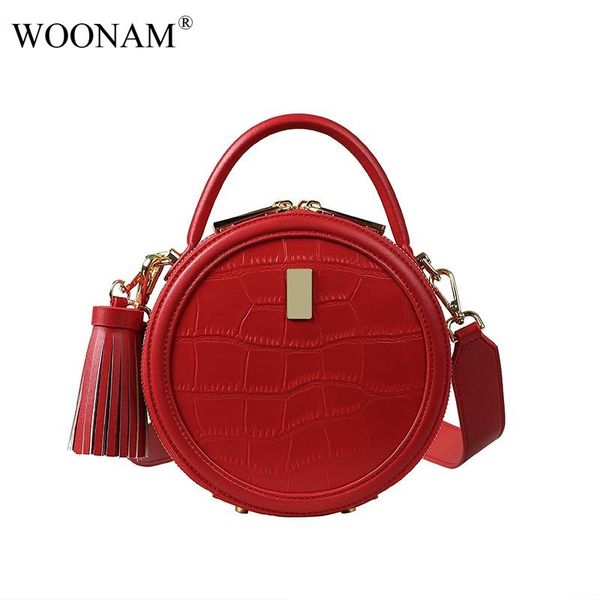 

woonam women fashion handbag hide genuine calf leather alligator crocodile round small cross body tassels shoulder bag wb850