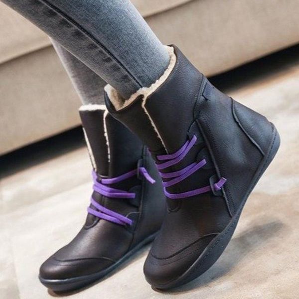 

boots women's fashion casual round toe retro mid calf ankle flat with shoes, Black