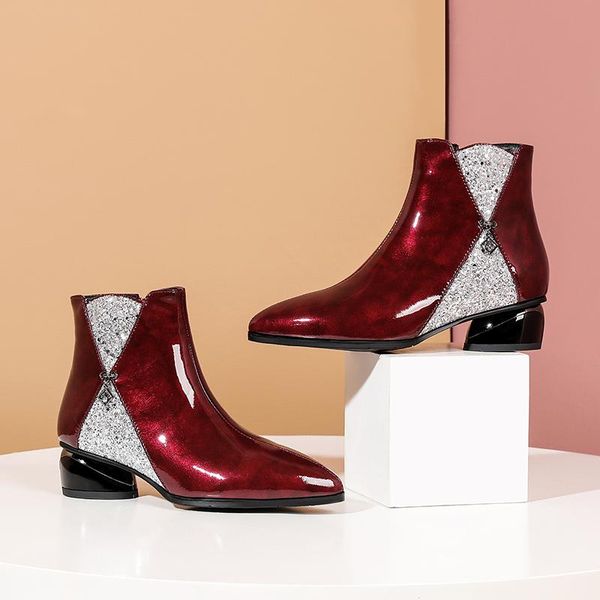 

women ankle boots sweet bling patent leather ladies boots for women 2020 winter wedding party shoes woman siz 40 41 42, Black