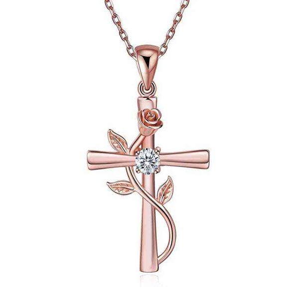 Damen-Halskette mit Rosenkreuz, vergoldet, Symbol, romantische Liebe, Blumenanhänger, Schmuck, G220310