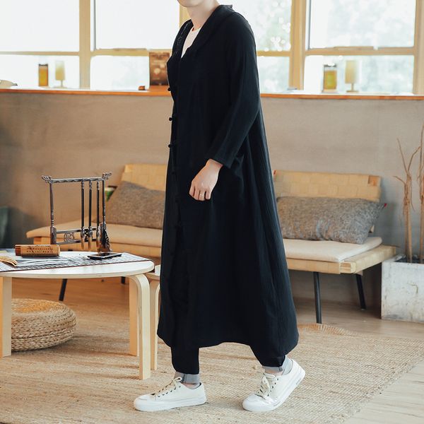 

autumn chinese style casual windbreaker slim fit medium length men's coil button embroidered black lapel coat, Tan;black