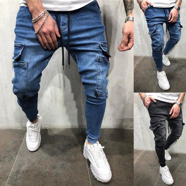 

men's jeans 2021 casual fashion pants drawstring hip hop slim fit denim trousers, Blue