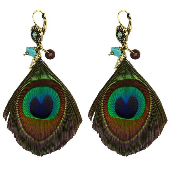 

bohemian handmade green peacock tail feather drop dangle earrings, Golden