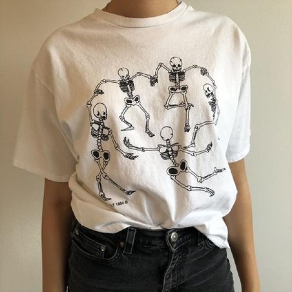 

летняя женщина с короткими рукавами скелет новой моды harajuku мультфильма печать прикольных большого размера o шеи tops подменить тенниску, White