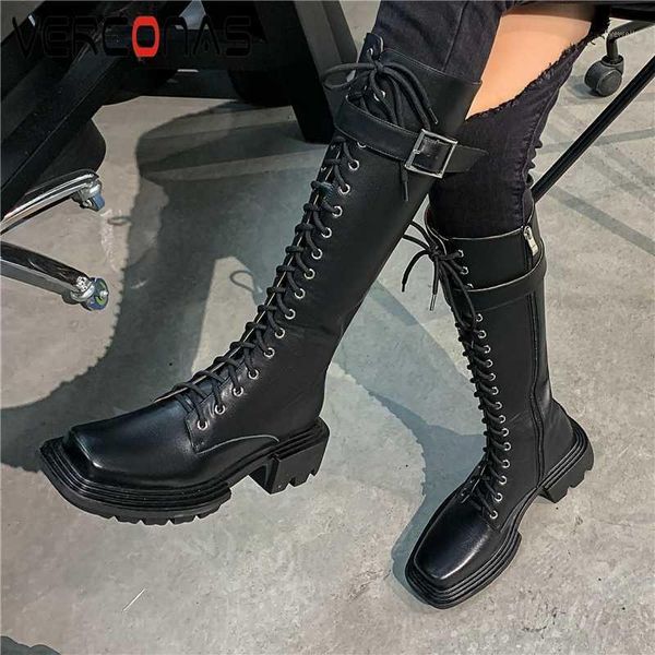 

boots verconas autunm winter cross-tied women knee-high fashion genuine leather buckle shoes woman side zipper platforms boots1, Black