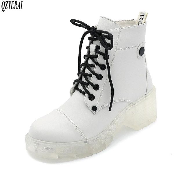 

new winter ankle boots genuine leather women boots motorcycle transparent high heels white women shoes lace-up, Black