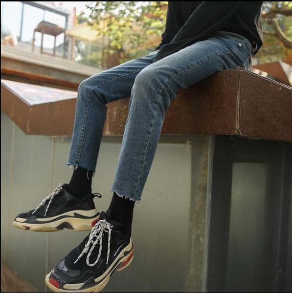 

s-xl 2020 korean version of the simple wash blue hair edge jeans slim legs four seasons nine point pants tide1