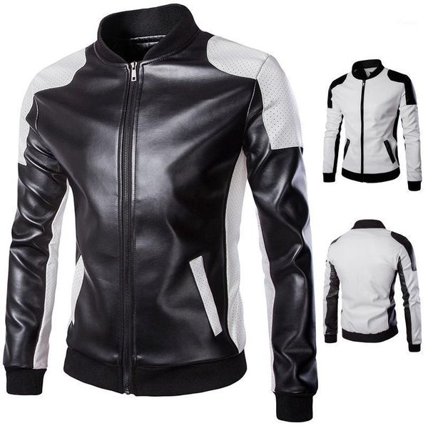 

male stand collar pu leather black and white jacket large size faux leather patchwork jacket with zipper 4xl 5xl casual coat men1