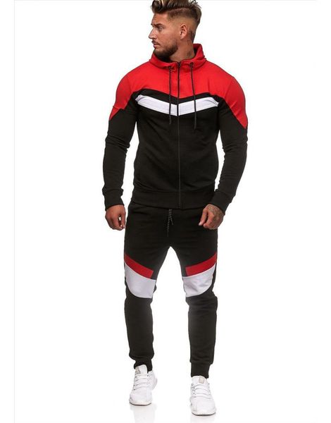 

men's color matching hoodie fitness sports suit sweatshirt and trackpants sets men tracksuits, Black