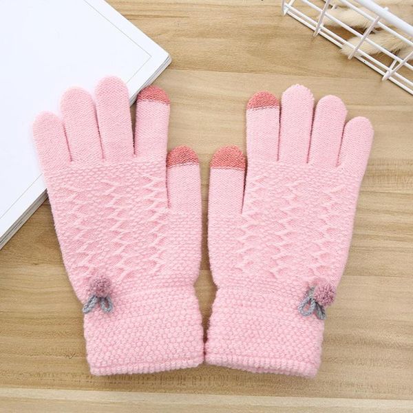 

fashion winter women touch screen gloves pompom thermal wool knitted full finger knitted mittens for girls, Blue;gray
