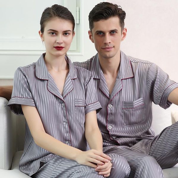 

couple silk pajamas short sleeve sleepwear pant nightwear women's minimalist stripe silk homewear 2pcs plus size d-2171, Black;brown